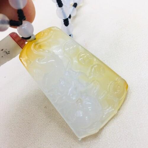 Natural Brazilian Ice Bottom Chalcedony Jade Carving Light Yellow Fortune Dragon Pendant with Chalcedony Bead Necklace Sweater C