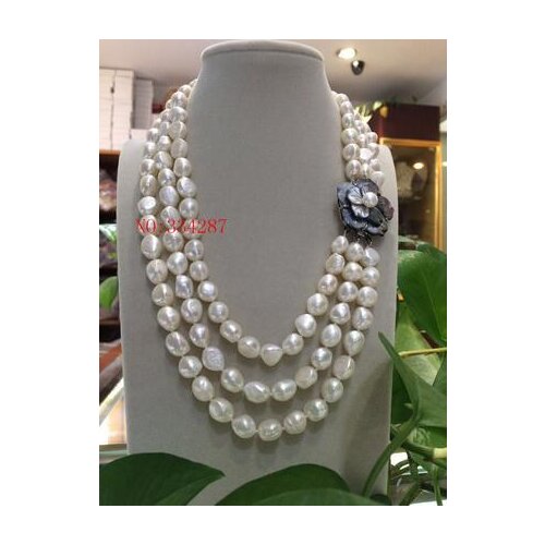 New Elegant ladys big 3row 9-10mm baroque white freshwater pearl necklace 18-19-20"