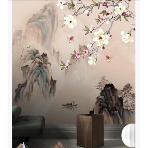 Papel de parede Chinese style painting landscape flowers and birds entrance wallpaper door sticker living room bedroom mural