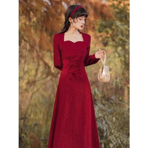 SWEETXUE Ladies Vintage Red Golden Velvet Dress Fashion Sexy Square Neck Long Sleeve Cross Lace-Up Womens Dress