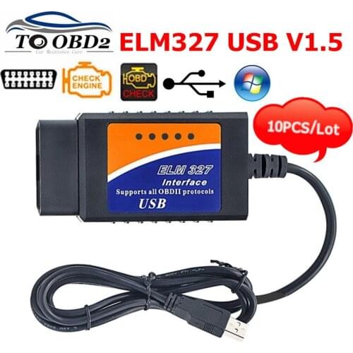 10PCS/LOT ELM327 USB Connecters 1.5 Code Reader Scanner Supports most OBDII protocols ELM 327 V 1.5 OBDII Car Diagnostic TOOL