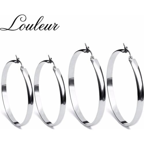 LOULEUR Fashion 4 Sizes Silver Color Round Big Earrings for Women Stainless Steel Loop Hoop Earrings Female Trendy Ear Jewelry