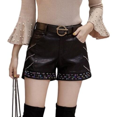 Spring Summer New Pu Leather Shorts Plus Size Women Beaded Sequins High Waist Leather Pants Wear Wide Leg Boots Pants Hot Pants
