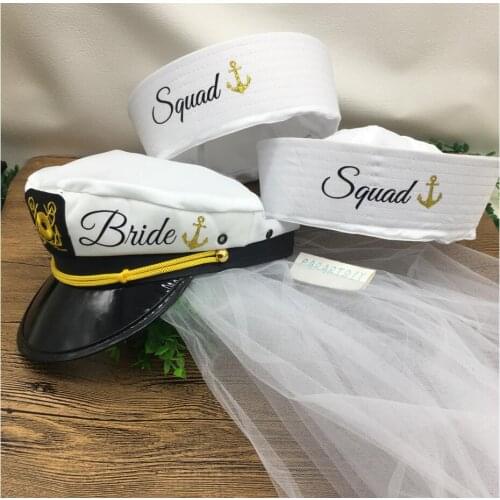 Custom cruise wedding Nautical bachelorette hats, bride captain lets get nauti sailor bride squad hats, bridesmaid sailor hats