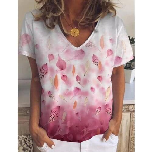 Leaf Printing Casual T Shirts For Women Loose V-Neck Short-Sleeved Female Summer T-Shirts Design Fashion Street Top Tees
