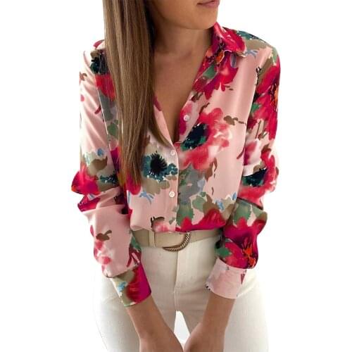 Floral Print Shirts Chiffon Blouse Women V-neck Top Office Ladies Shirt Long Sleeve Top Blouse Elegant Fashion Blouses Blusas