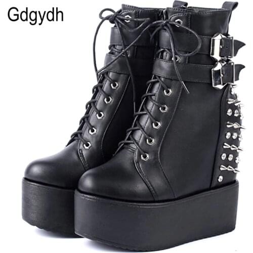 Gdgydh 2021 Round Toe Metal Rivets Ankel Boots For Women Black White Gothic Female Shoes Drop Shipping Wedges High Heels Shoes