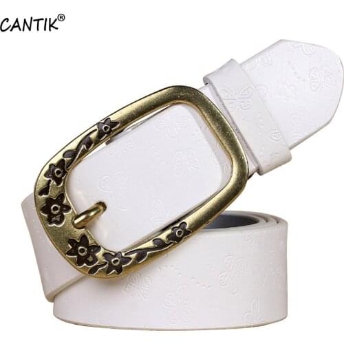 CANTIK Ladies Retro Design Quality Cow Leather White Belts Print Pin Buckle Metal Jeans Female Accessories 3.2cm Width FCA063