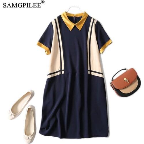 Summer Women Dresses 2021 New Korean Office Lady A-line Patchwork Short Sleeve Patchwork Knee Length Polo Collar Woman Dress 4XL
