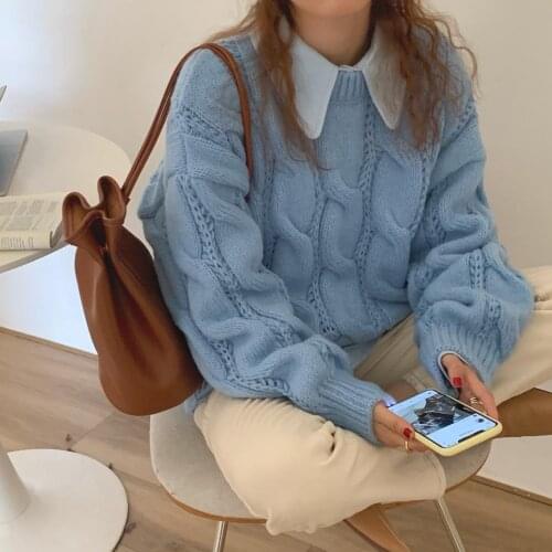 Winter Thick Knitted Pullover WomenS Warm Solid Color Loose Sweater Harajuku Blue O-Neck Full Sleeve Pullover WomenS Clothing