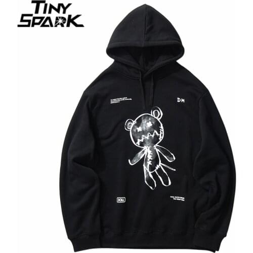 2020 Mens Hip Hop Hoodie Streetwear Sweatshirt Funny Wounded Bear Print Black Pullover Cotton Fleece Hooded Sweatshirt Harajuku