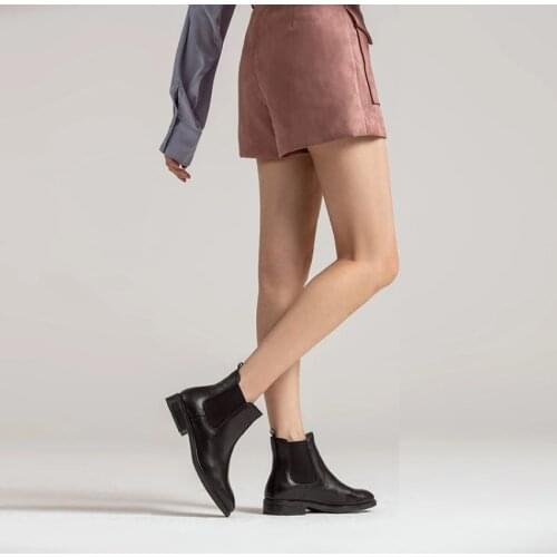 Chelsea Boots Women Genuine Calfskin Leather Plush Size Autumn Winter Fashion Brand Ankle thick heels short Shoes