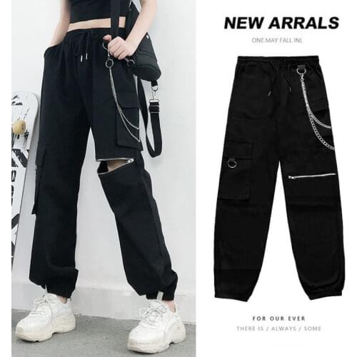 Womens pants spring and summer traf black high waist tooling harajuku Womens pants open zipper accessories y2k pants for women
