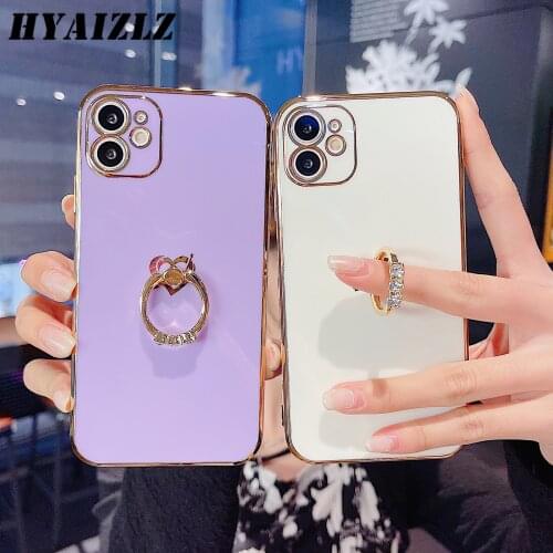Ring Holder Phone Case for iPhone 11 12 Pro Max Mini XR XS SE 2020 7 8 Plus Soft Back Cover Shockproof Plating Love Heart Coque