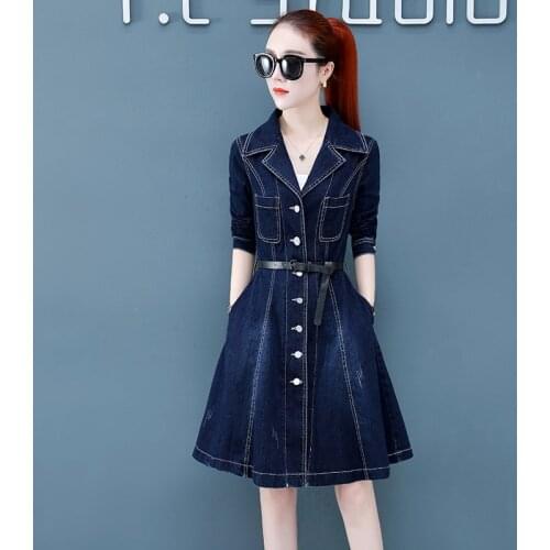 Jean Dresses Women 2019 Spring Autumn Women Long Sleeve Slim Lapel Denim Dress Midi Elegant Female Belt Office Ladies AA5196