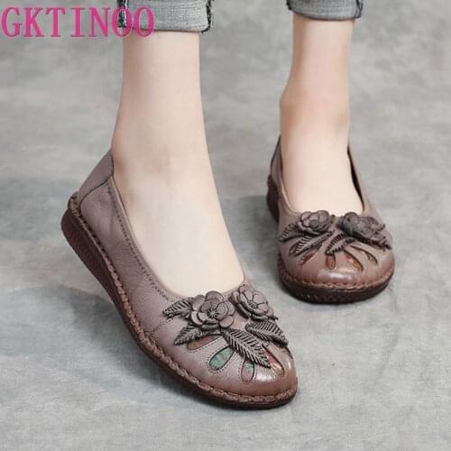 GKTINOO 2021 Soft Genuine Leather Flat Shoes Women Flats with Flowers Ladies Shoes Women Designers Loafers Slip On