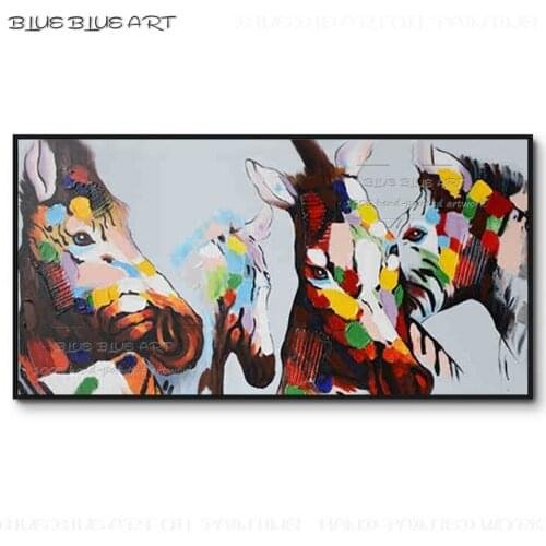 Pure Hand-painted High Quality Modern Wall Picture 4 Horses Oil Painting on Canvas Modern Design 4 Horses Zebra Knife Painting