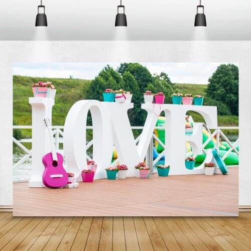 Laeacco Love Spring Green Grass Potted Flower Wooden Floor Guitar Scene Photo Backgrounds Photo Backdrops Photocall Photo Studio