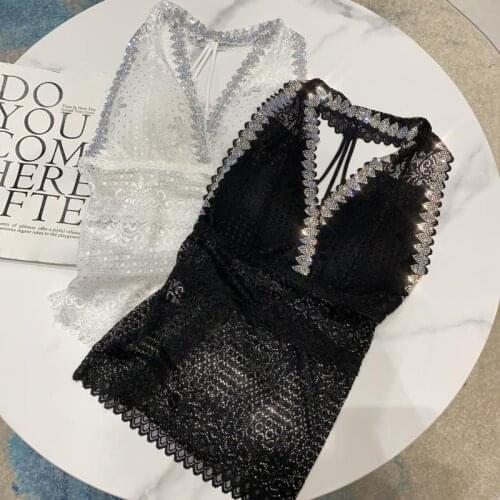 Cakucool 2021 Summer New Chic Diamonds Stamping Lace Tops Halter Neck Shiny Beading Backless Deep V-neck Sexy Cami Tank Tops