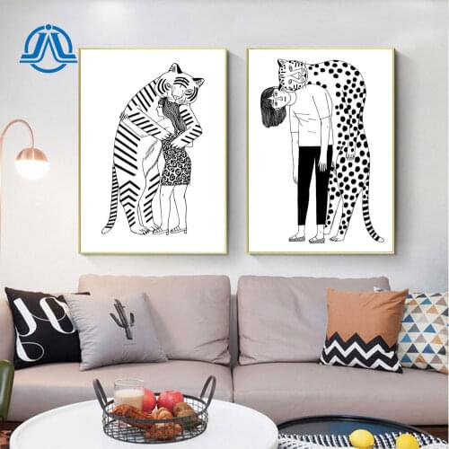Minimalist Poster Black White Animal Wall Art Print Girl And Tiger Canvas Painting Modern Pictures For Living Room On The Wall
