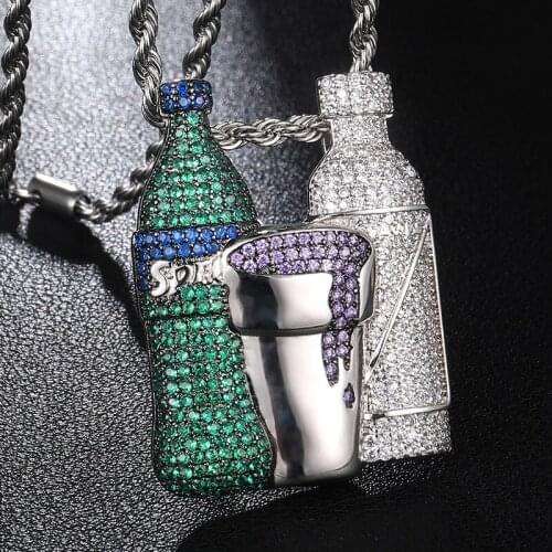 D&Z Personality Beverage Bottle Cup Necklace Men Hip Hop Ice Out Bling Zircon Sprite Rapper Pendant Necklace