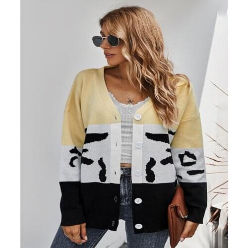 Autumn Winter Fashion New Contrasting Color Cardigan Sweater Coat Female Knitted Patchwork Leopard Printing Knitwear Lady