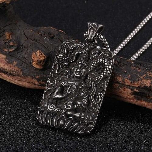 Punk Stainless Steel Engraving Chinese Buddha Image Pendant Necklace Square Pearl Necklaces Women/Men Gifts