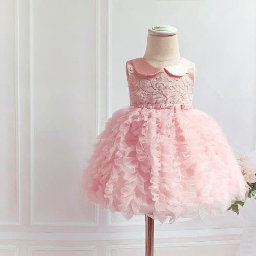Newborn Girl Christening Dress Pink Tulle Beads Baby Girls Birthday Party Dress Infant Baptism Costume Kids Wedding Dress 0-24 M