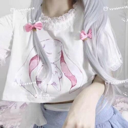 QWEEK Summer Kawaii Anime Print T-shirt for Girls Japanese Streetwear Style Lace Short Sleeve Cute White Crop Tops Alt Clothes