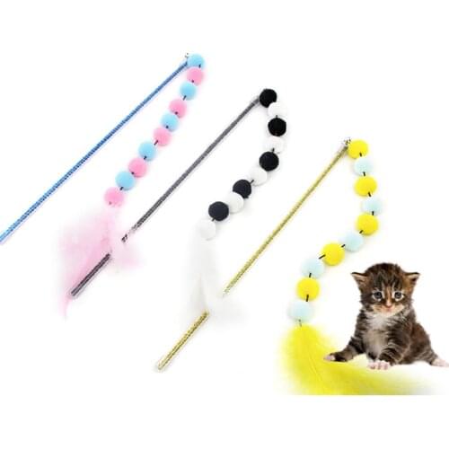 Random Color Cat Feather Teaser Interactive Funny Colorful Pom Pom Cat Bell Wand Kitten Teaser Toy Funny Training Toys