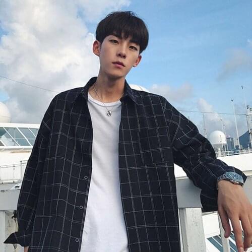Plaid Shirt Mens Japanese Fashion Brand Vintage Ins Hong Kong Style Loose Long Sleeve Korean Coat Teenagers All-Matching Shirt