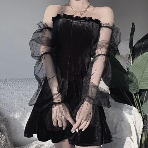 Mesh Vintage Gothic Dresses Egirl 2020 Aesthetic Transpanent Strap Pleated Dress Chic Punk Hip Hop Grunge Emo Y2K Chic