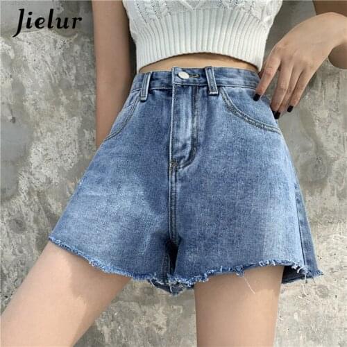 Jielur High Waist Denim Shorts Summer Jeans Woman Blue Pocket Loose Solid Color Trousers Slim Chic Short Jeans Femme Blue
