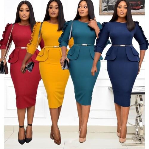VITIANA Women Formal Pencil Dress Summer 2021 Female Half Sleeve O-Neck Green Office OL Dresses Femme Yellow Vestidos Africa