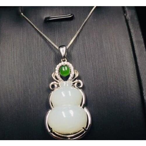 Fine Jewelry Beautiful Natural Carved Hetian Jade Gourd Beads Pendant 925 Silver Amulet Lucky Necklace