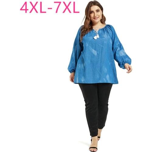 New 2021 spring autumn plus size tops for women large blouse casual loose long sleeve blue thin denim shirt 4XL 5XL 6XL 7XL