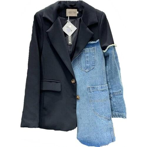 2019 Women New Asymmetric Black Color Patchwork Women Denim Blazer Sigle Breasted Fashion Jeans Jacket