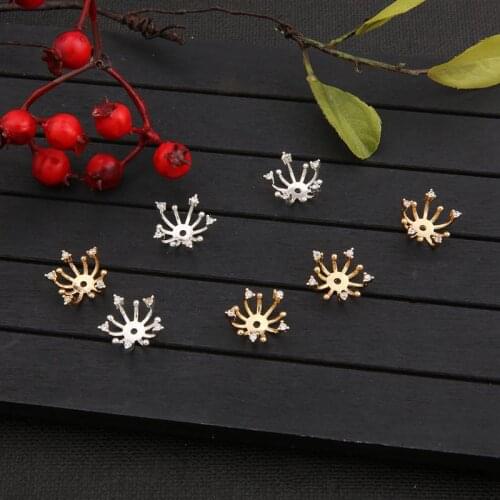 10pcs Copper Plated Zircon Crystal Beads, Flower Spacer Beads Metal Base Stamen Cap, DIY Handmade Jewelry Accessories