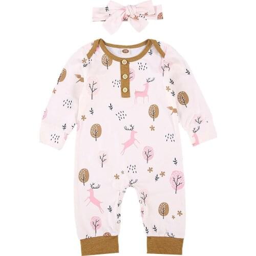 2020 New Fall Autumn Newborn Baby Girls 2Pcs Set Cute Deer Tree Print Button Decorate Long Sleeve Romper+Headband Infant Toddler