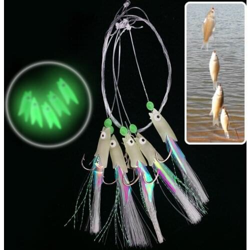 5PCS/Lot Luminous Soft Fishing Lure Rigs Fish Head String Hook Soft Bait Artificial Worn Fake lure