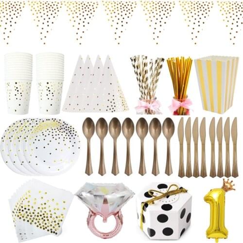 White gold Dots Kids Birthday Decorations Party Supplies Baby Shower Disposable Tableware Set Plates Cups Napkins Kids Gifts