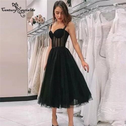 Black Prom Dresses Short 2021 Sweetheart Illusion Bodice Tea-Length Simple Formal Evening Dress Party Gowns Vestido De Fiesta