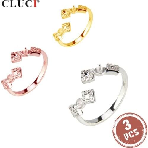 CLUCI 3pcs Symmetric 925 Sterling Silver Rose Gold Women Ring Jewelry Adjustable Zircon Wedding Pearl Ring Mounting SR2064SB