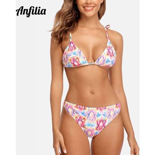 Anfilia Women Bikini Set Floral Print Swimsuit Geometric Swimwear Bandage Sexy Push Up Beachwear