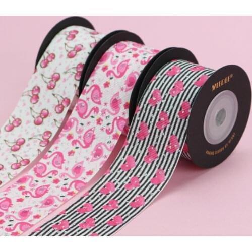 4 Yards/Roll 38mm Cherry/Flamingo Print Pattern Grosgrain Ribbon With Glitter Metallic Handmade Hair Knot Girl Headdress Sewing