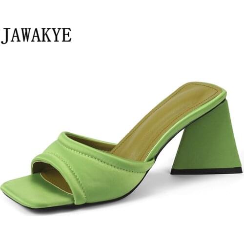 7.5cm Strange Heel Mules Women Shoes New Open Toe Block Heel Runway Slides Satin Leather Party Holiday Slippers Design Sandals