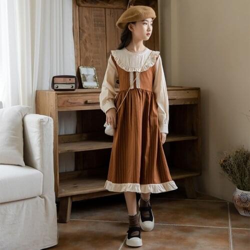 Girls Princess Dress Teen Kids Midi Stripe Dress Lace Two Colors Patchwork 2021 New Baby Children Autumn School Clothes,#6529