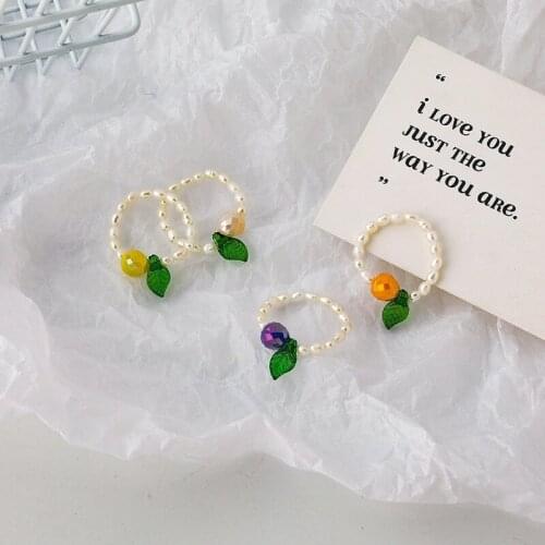 Origin Summer Sweet Crystal Natural Pearl Apple Ring for Women Exquisite Green Leaf Adjustable Elasticity Ring Party Jewellery