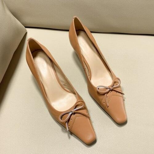 Osunlina Luxury Womans Pumps Elegant 5.5cm High Thin Heels Square Toe Butterfly-Knot Party Wedding Handmade Leather Shoes A166