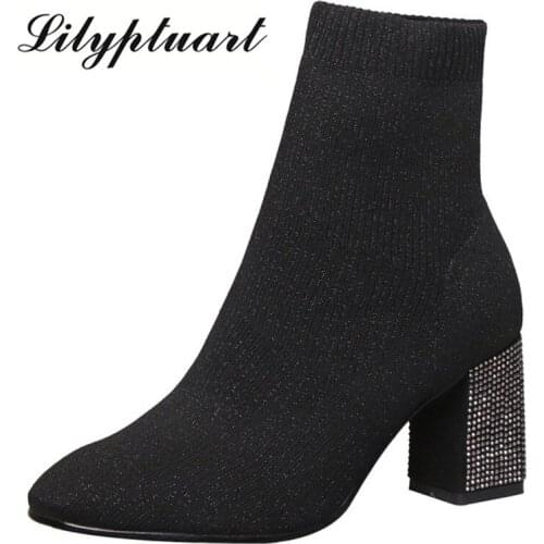 2019 European and American style knitted wool material elastic square head thick high-heeled boots ankle boots for women